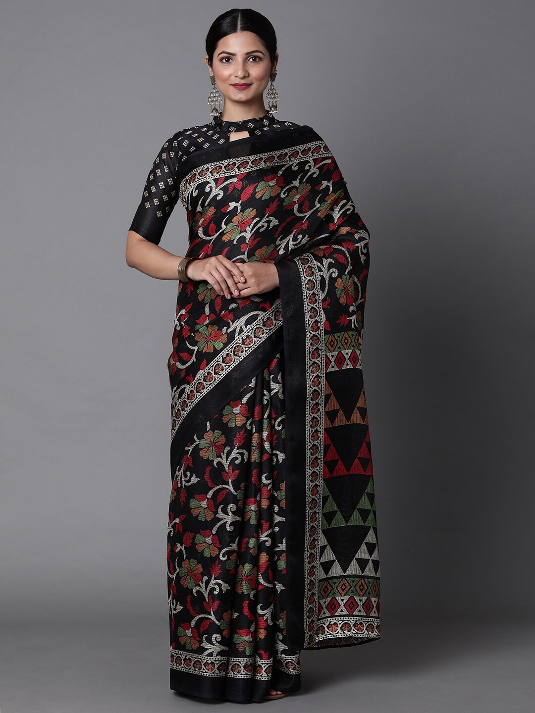 

Mitera Black & Red Floral Jute Cotton Banarasi Saree