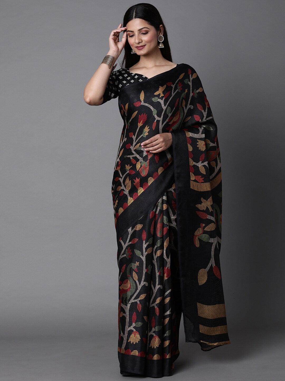 

Mitera Black & Green Ethnic Motifs Jute Cotton Banarasi Saree with Matching Blouse