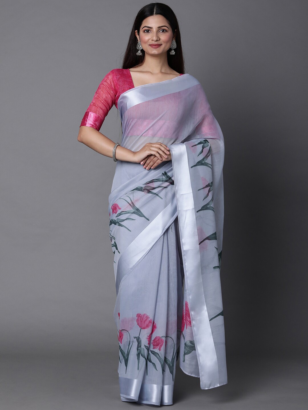 

Mitera Grey & Pink Floral Printed Banarasi Saree