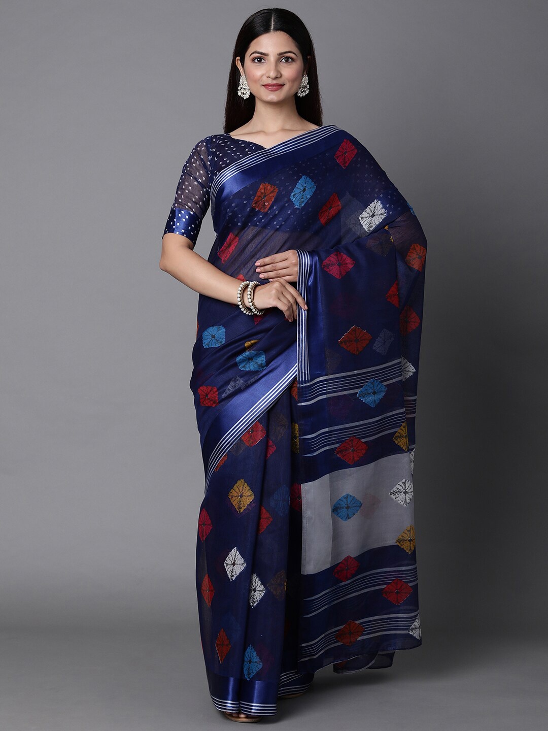 

Mitera Navy Blue & Maroon Bandhani Printed Banarasi Saree