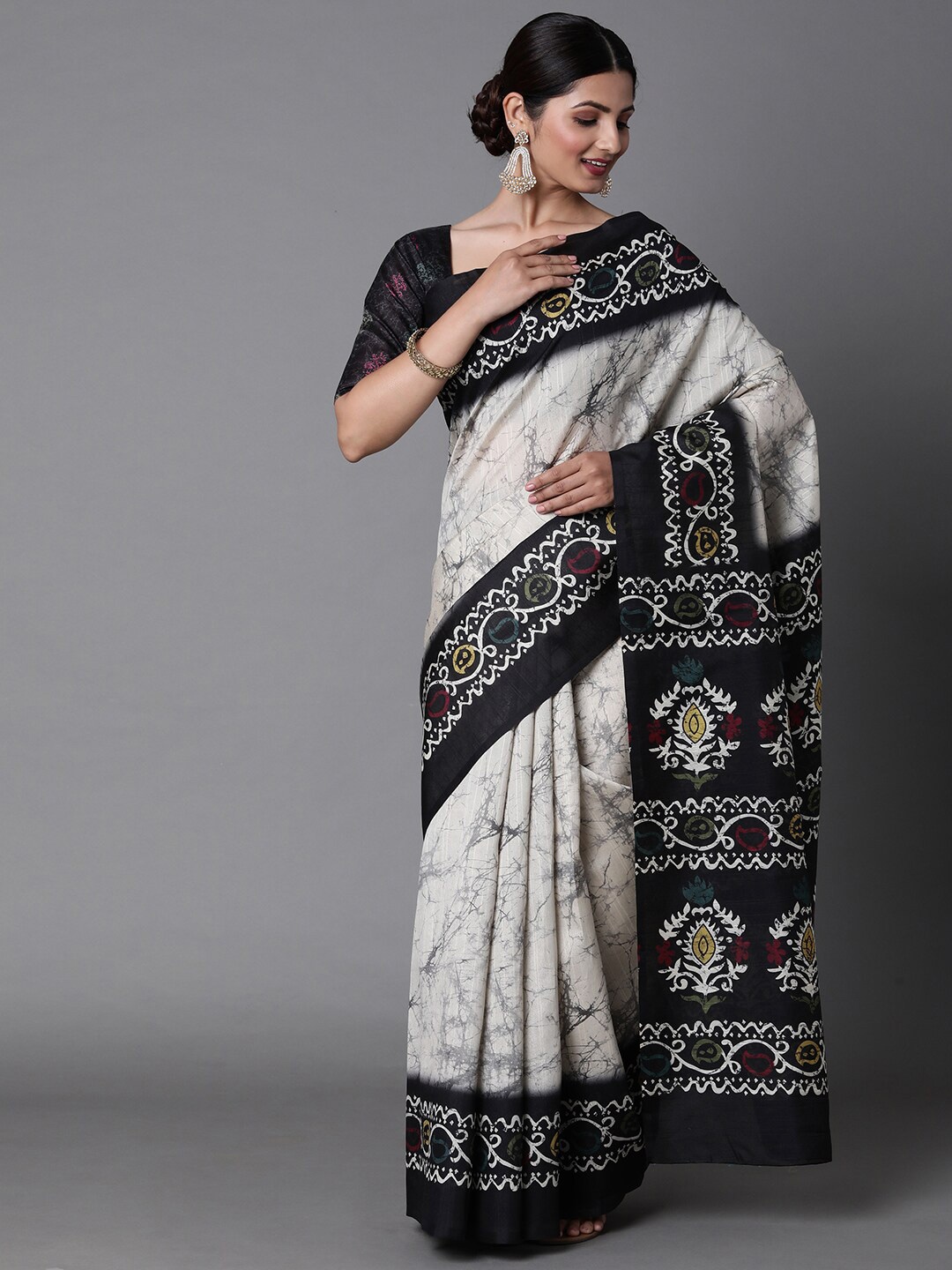 

Mitera Off White & Black Ethnic Motifs Printed Art Silk Bagh Saree