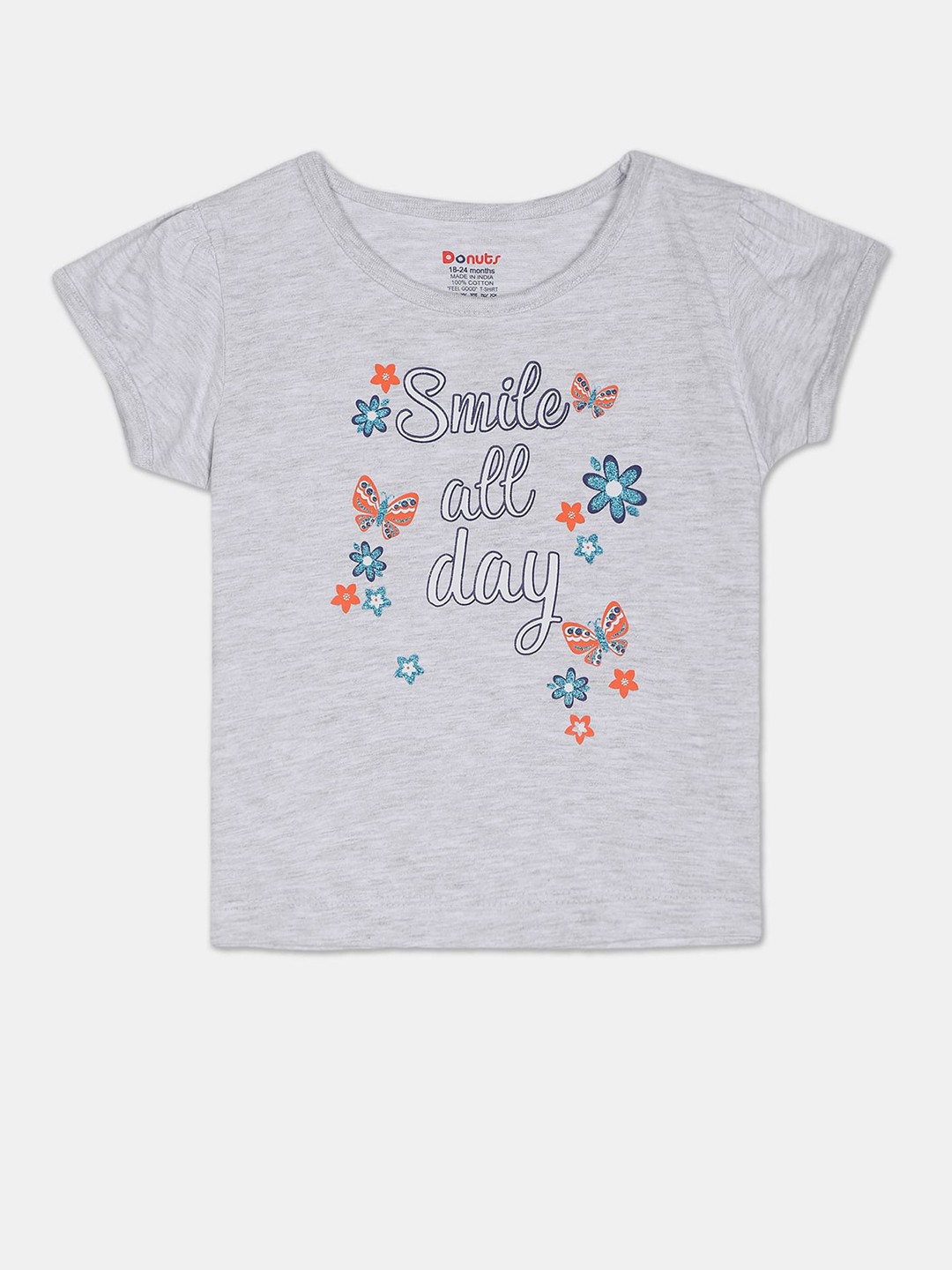 

Donuts Girls Grey Printed Round Neck Cotton T-shirt