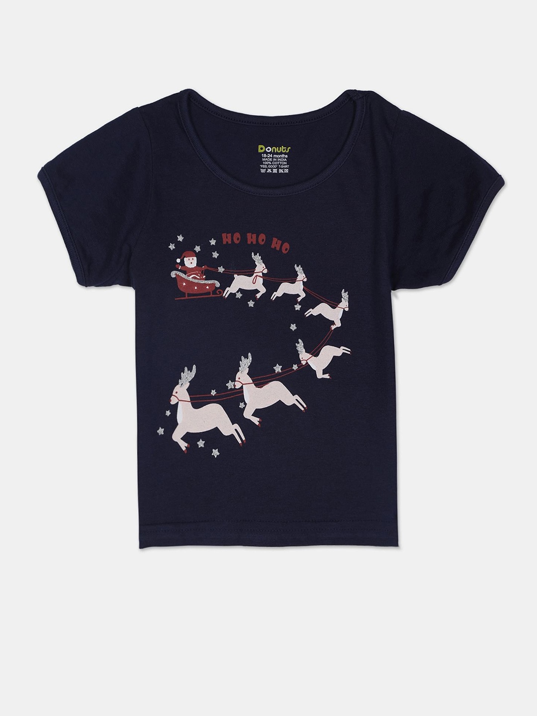 

Donuts Girls Blue Santa Claus Printed Cotton T-shirt