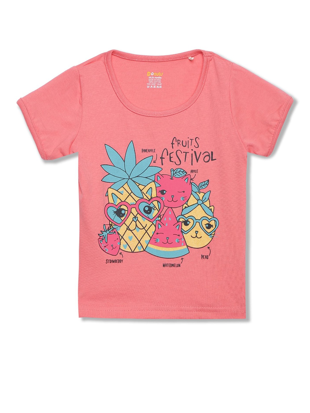 

Donuts Girls Pink Printed Cotton T-shirt