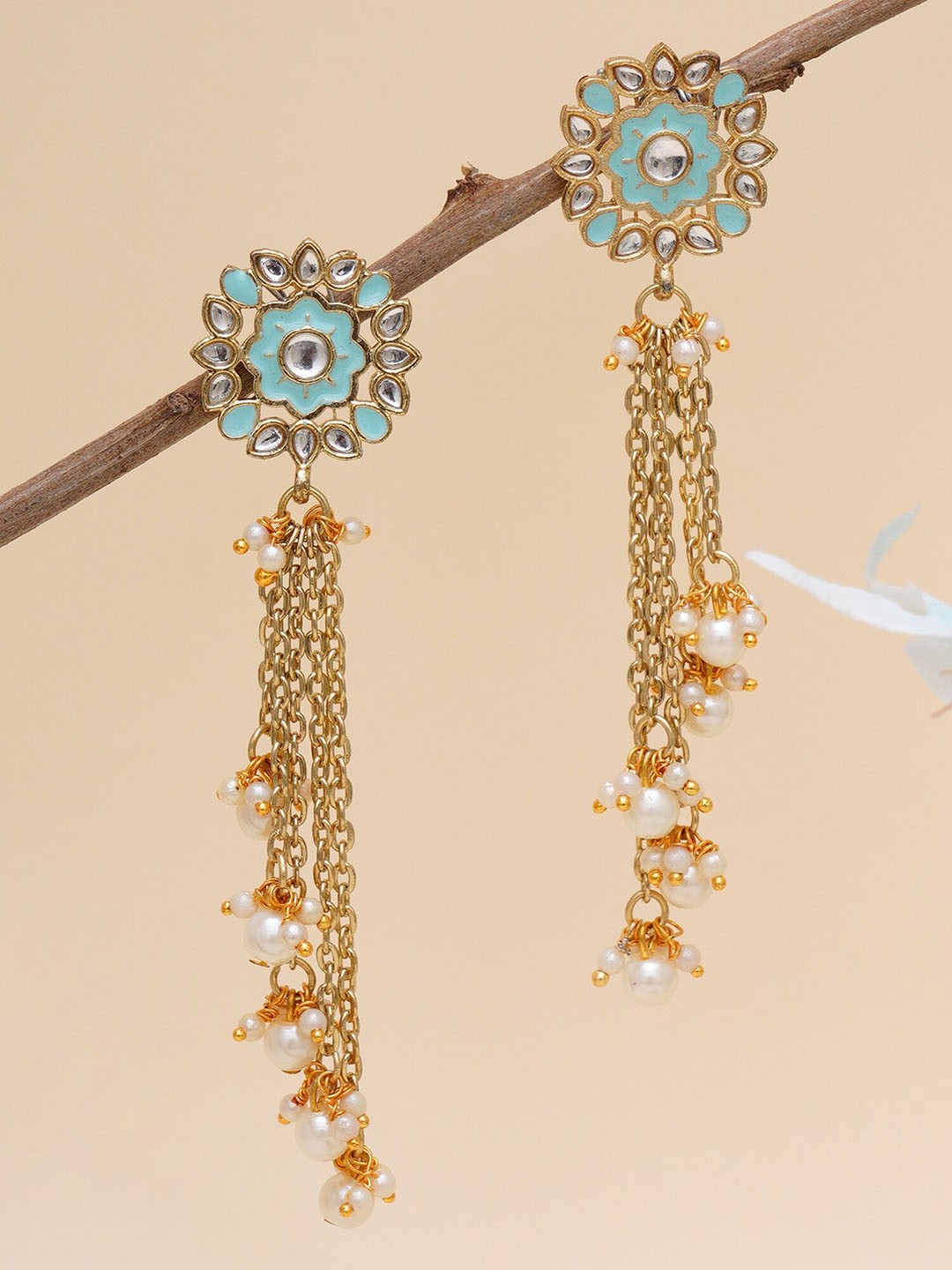 

KARATCART Blue & Gold-Toned Floral Drop Earrings