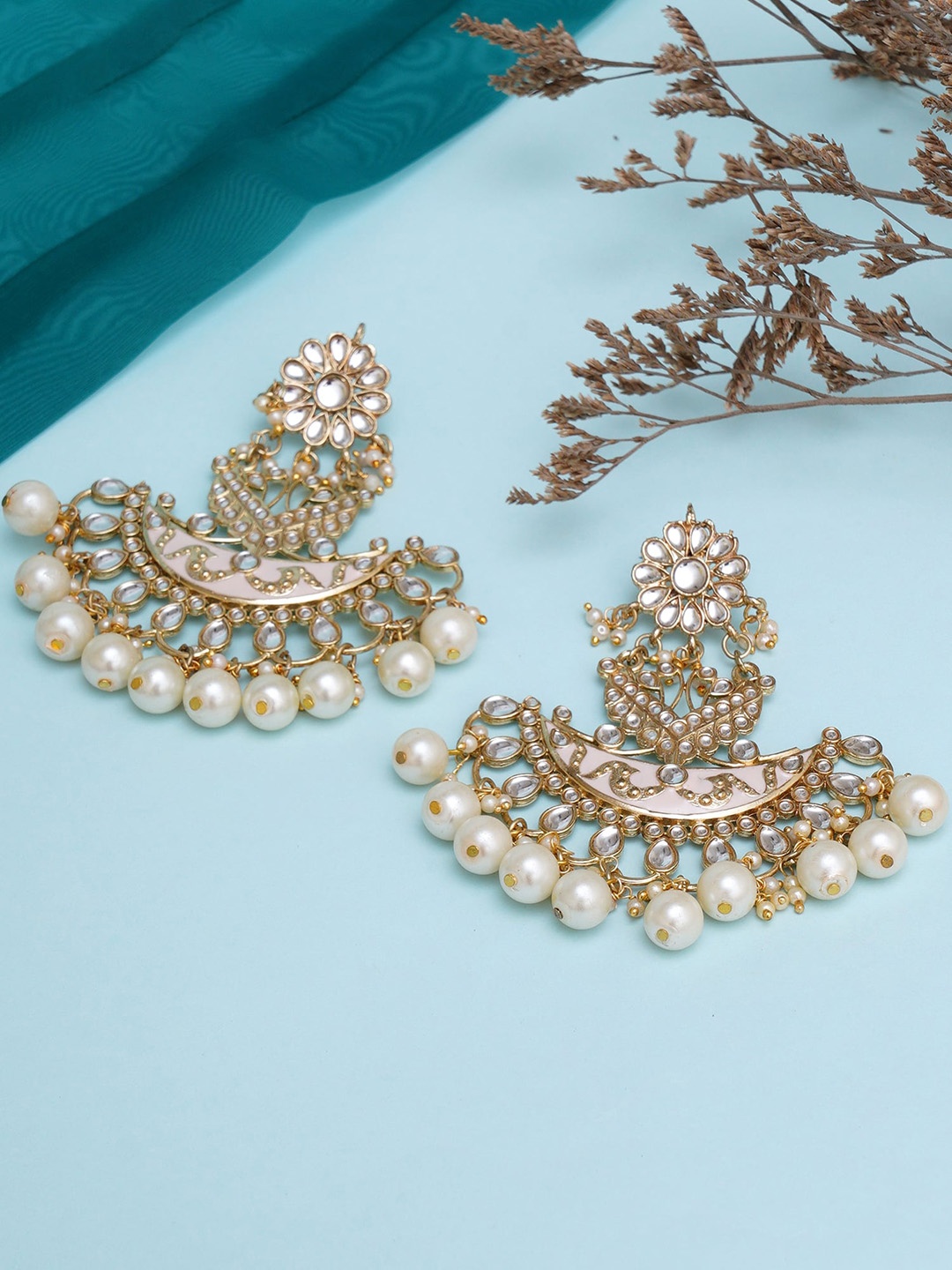 

KARATCART Women Gold Plated Pink Meena Pearl and Kundan Classic Chandbalis Earrings