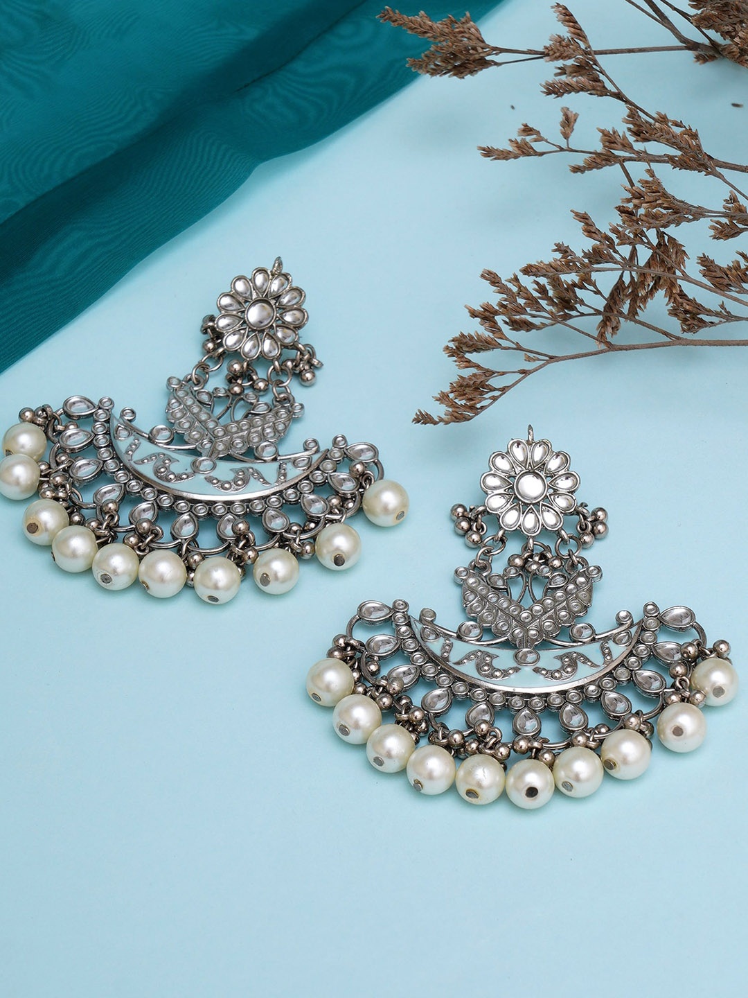 

KARATCART Silver-Plated & Blue Classic Chandbalis Earrings