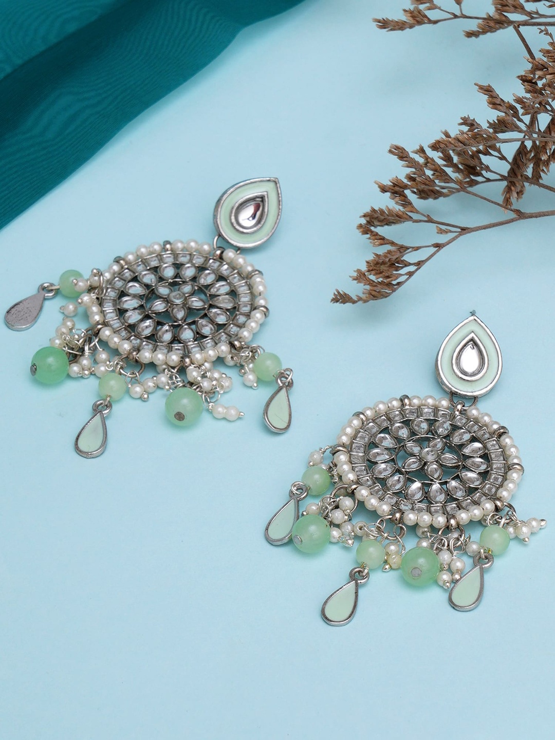 

KARATCART Silver-Plated Lime Green & White Kundan Classic Drop Earrings