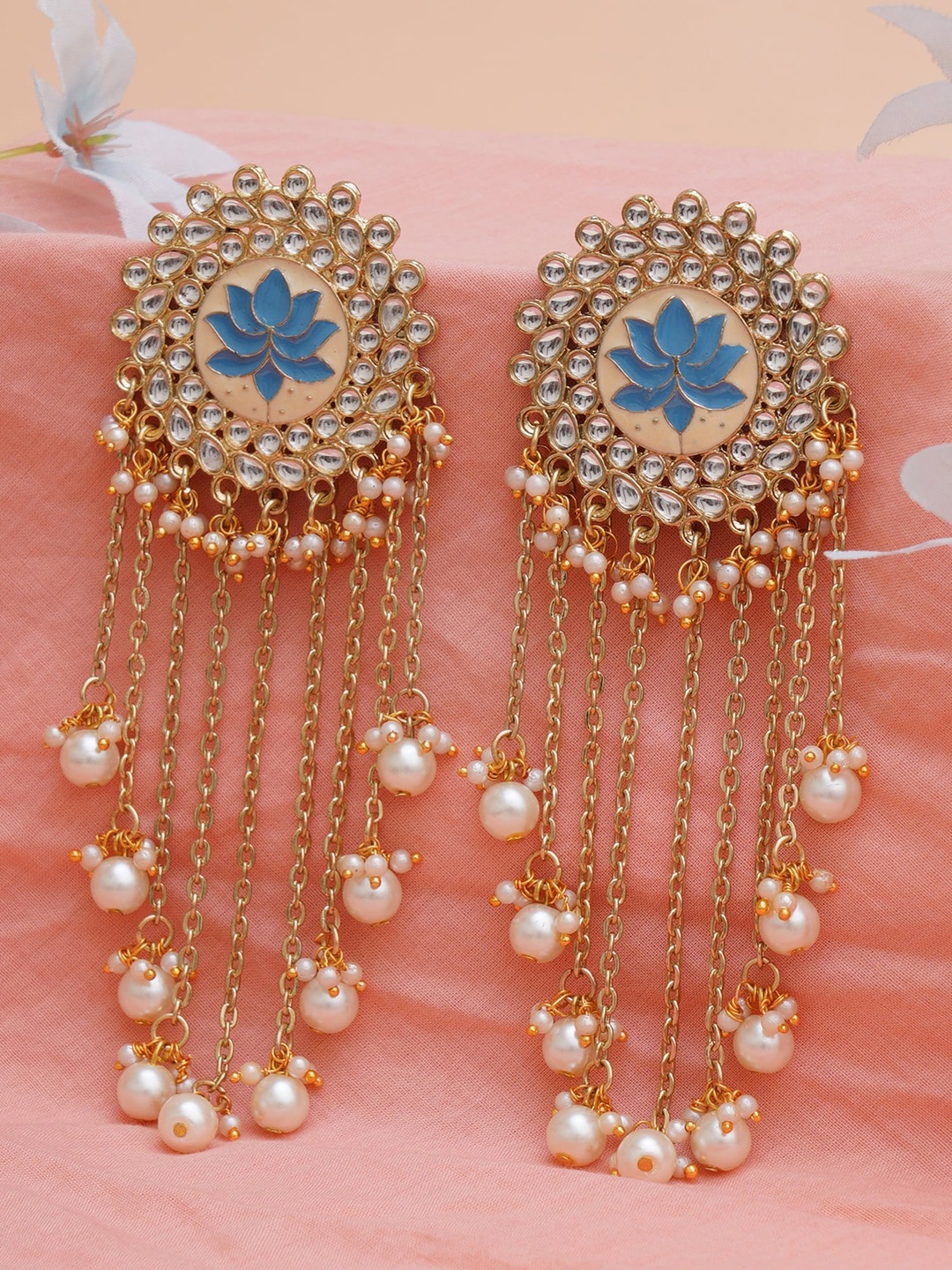 

KARATCART Women Gold-Plated Blue & White Pearl Beads Kundan Drop Earrings