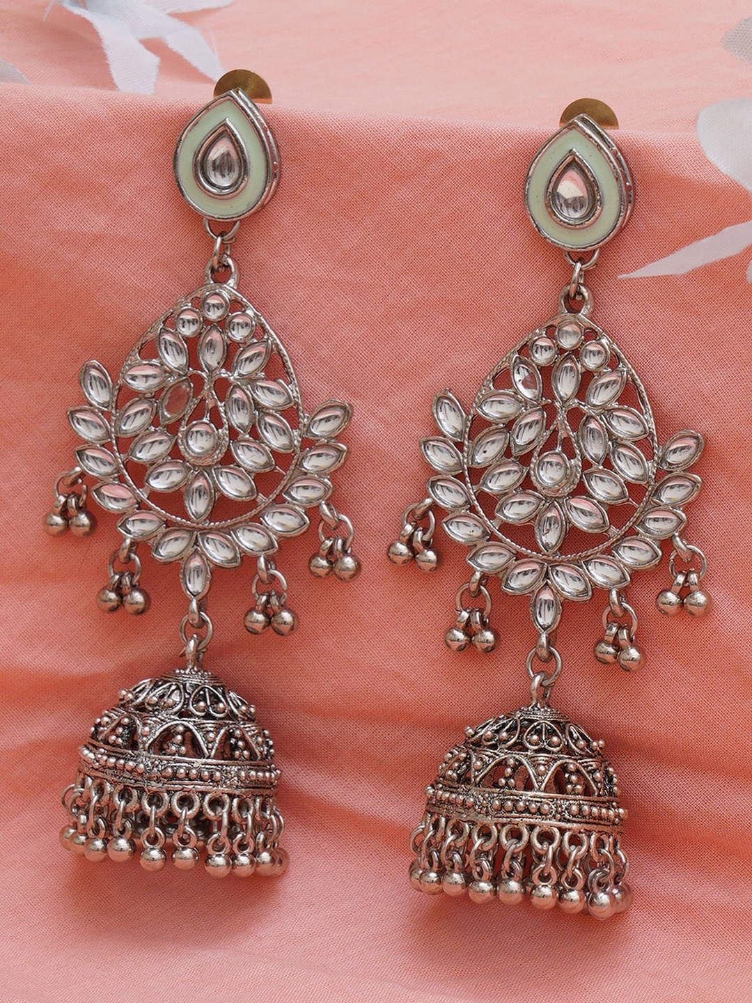 

KARATCART Oxidised Classic Kundan Studded Jhumkas Earrings, Silver