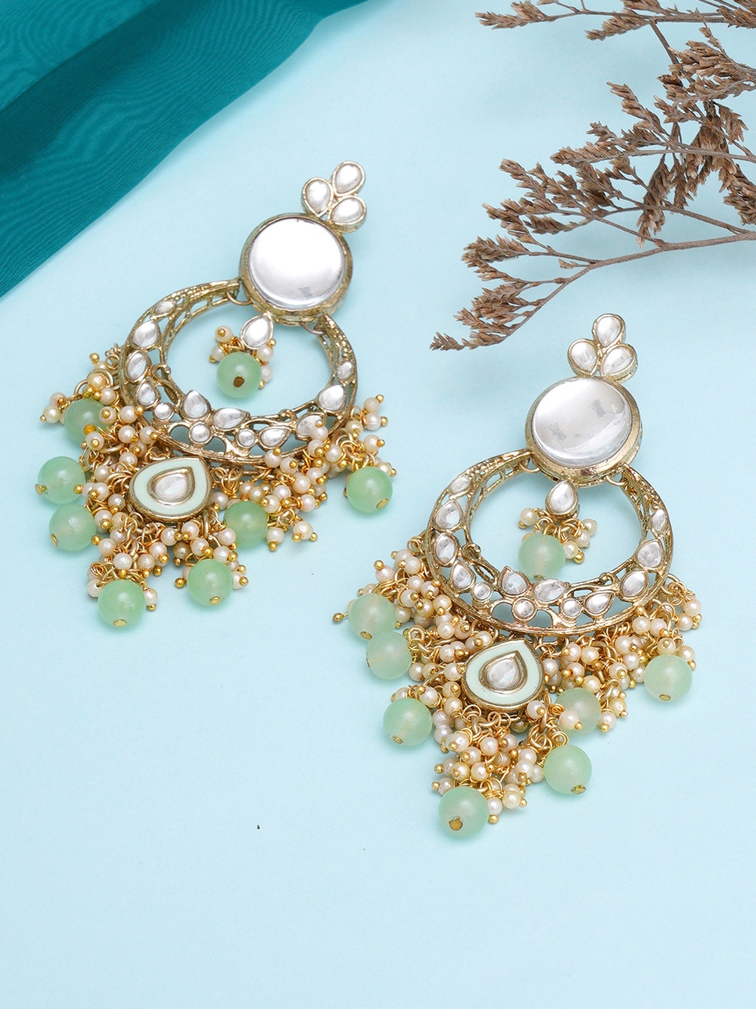 

KARATCART Women Lime Green & White Classic Chandbalis Earrings