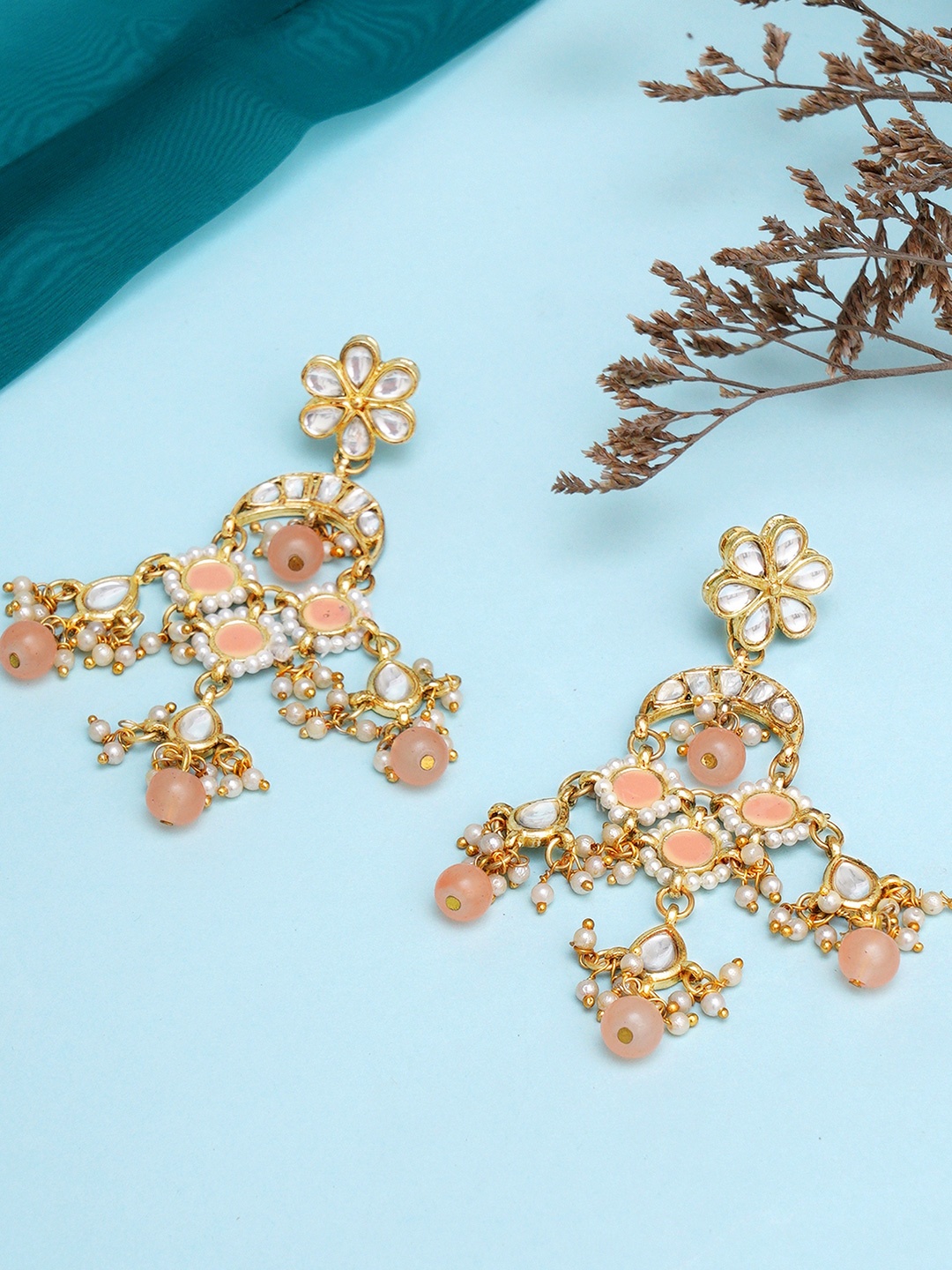 

KARATCART Peach-Coloured & Gold-Plated Contemporary Drop Earrings