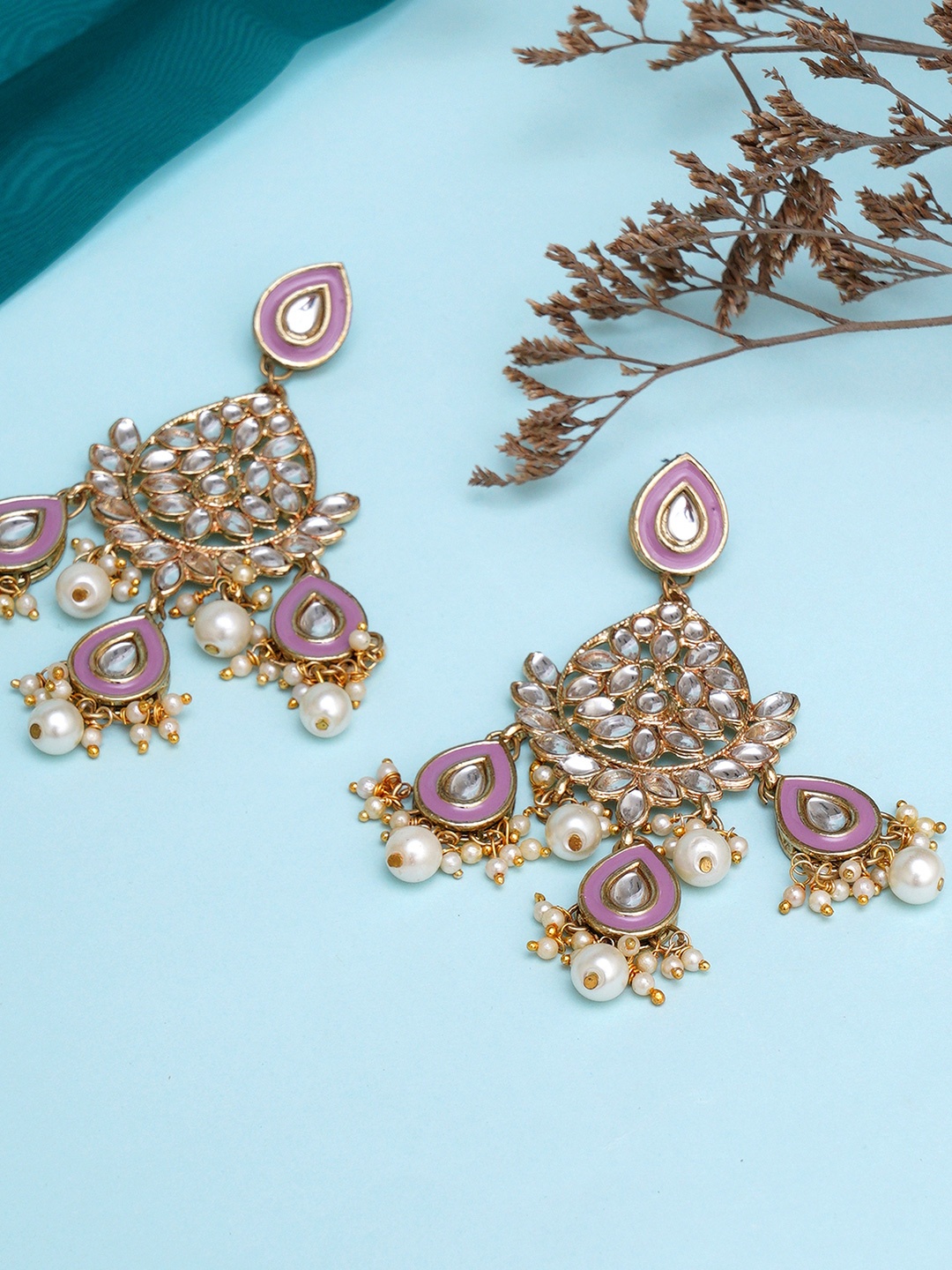 

KARATCART Purple Gold Plated Meena Kundan Dangler Drop Earrings