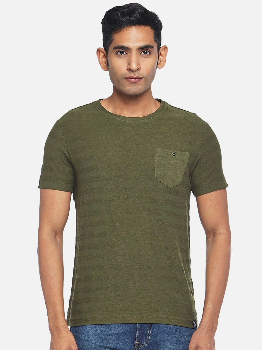 

People Men Olive Green Slim Fit Cotton T-shirt