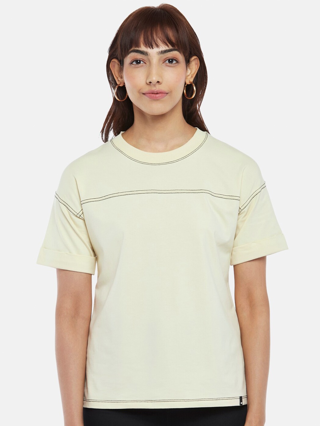

SF JEANS by Pantaloons Women Yellow Drop-Shoulder Sleeves T-shirt
