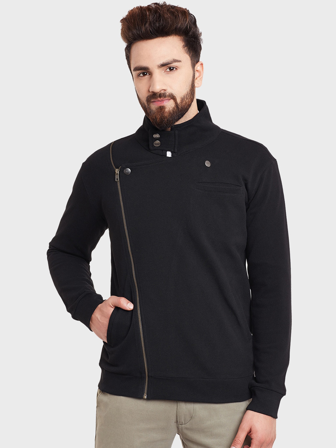 

Hypernation Men Black Cotton Knitted Bomber Jacket