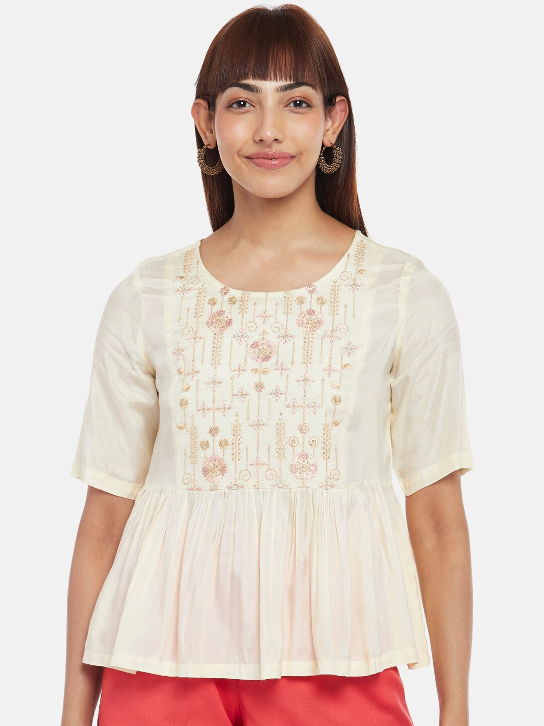 

AKKRITI BY PANTALOONS Women Off White & Pink Embroidered Tunic