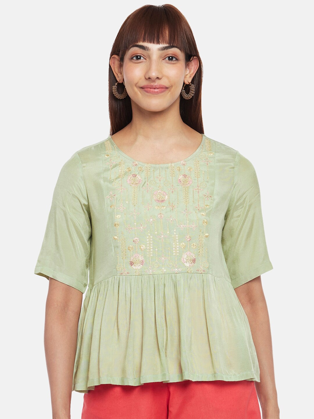 

AKKRITI BY PANTALOONS Green & Red Embroidered Peplum Style Tunic