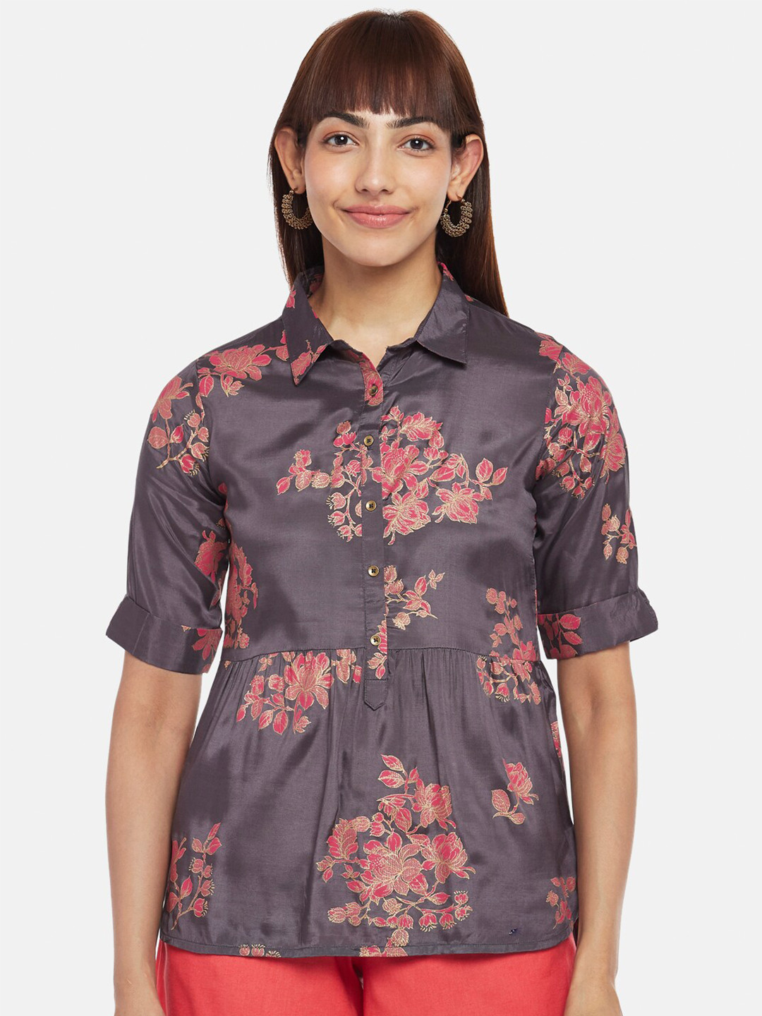 

AKKRITI BY PANTALOONS Women Floral Printed Shirt Collar Rolled Up Sleeves Tunic, Grey