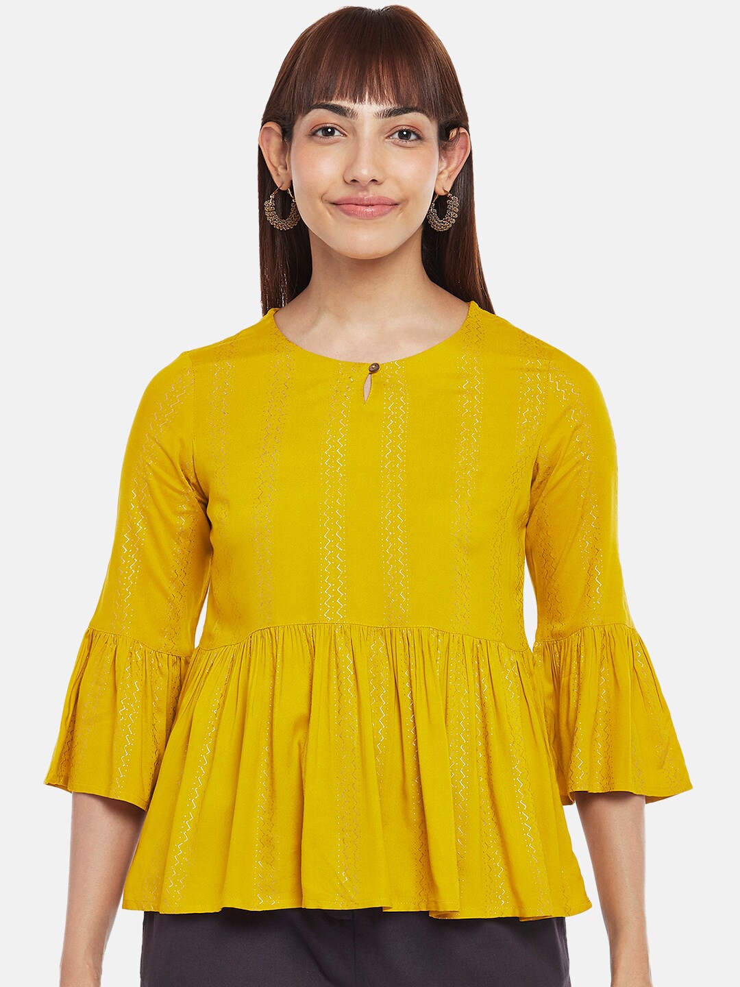 

AKKRITI BY PANTALOONS Women Mustard Printed Yellow Keyhole Neck Empire Crop Top