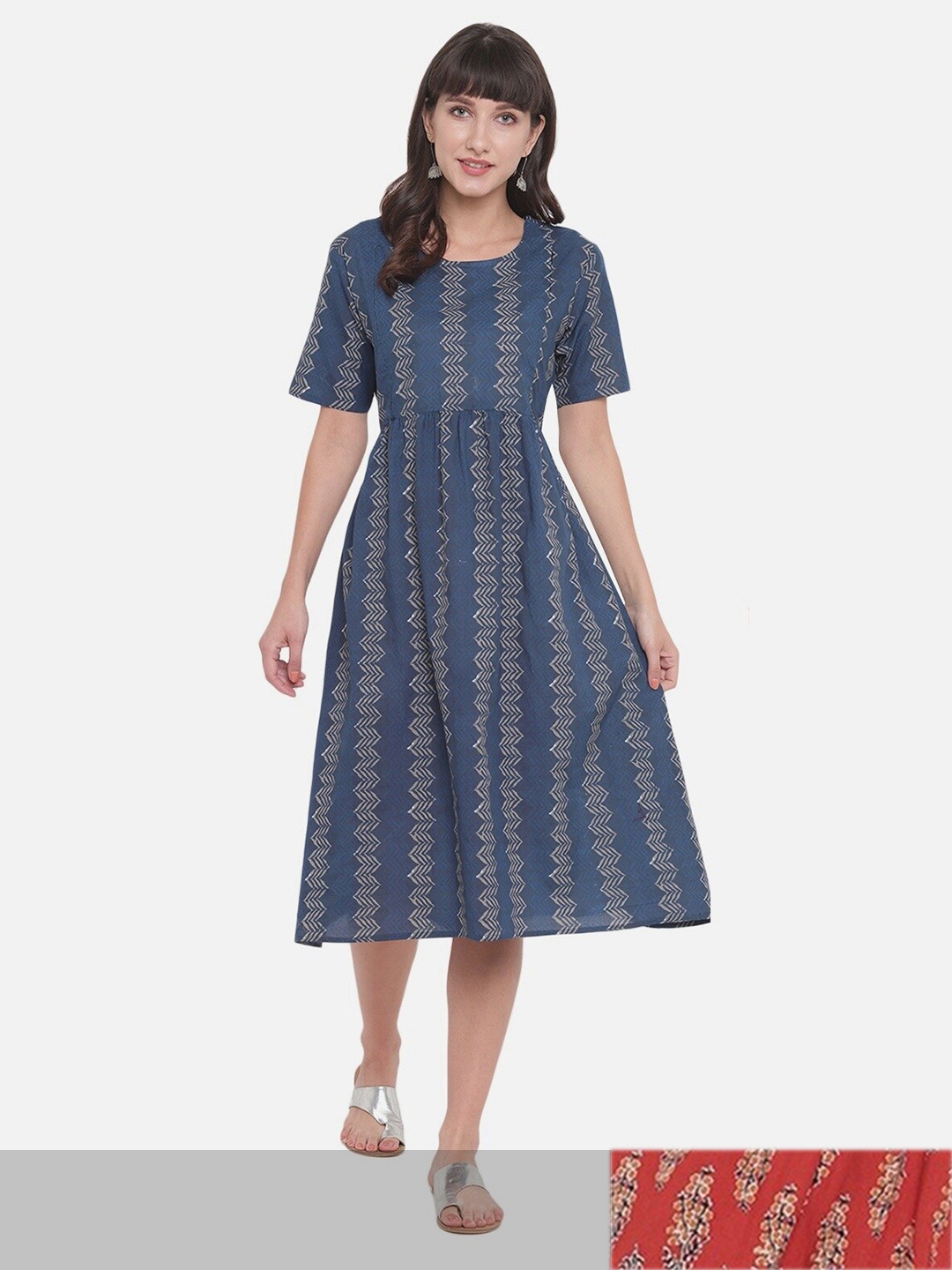 

Aawari Women Blue and Red Pack of 2 Printed A-Line Midi Dress