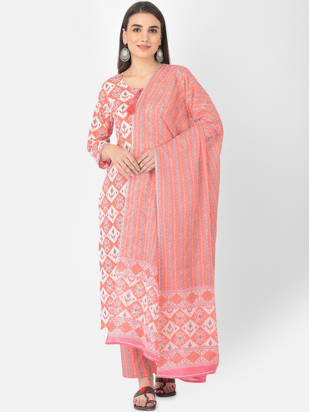 

Pistaa Women Ethnic Motifs Screen Printed Pure Cotton Kurta With Trouser And Dupatta, Peach