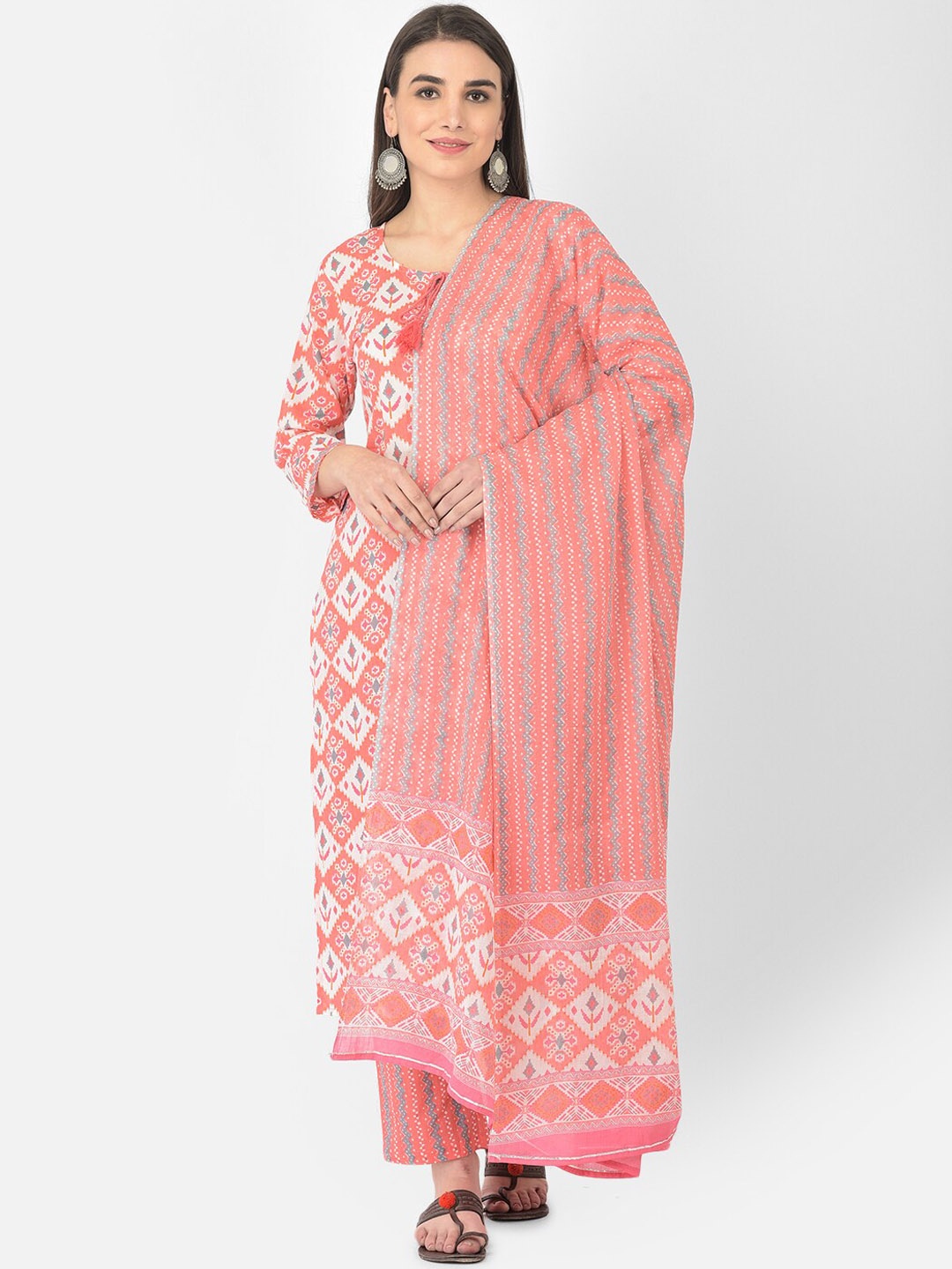 

Pistaa Women Peach-Coloured Ethnic Motifs Printed Pure Cotton Kurta Set