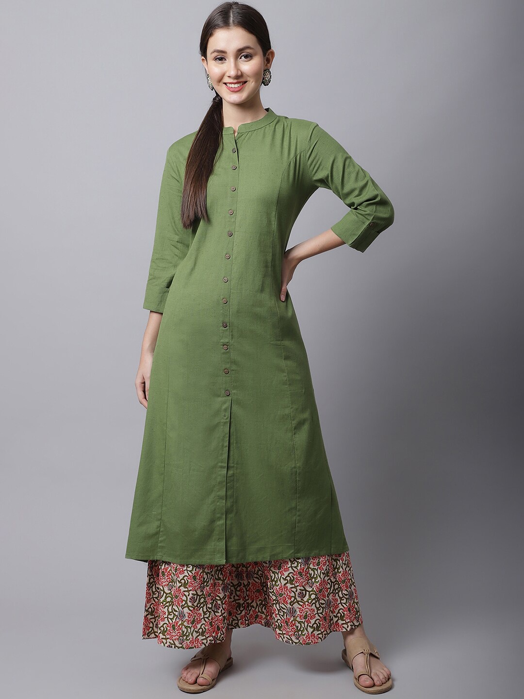 

Pistaa Women Solid Panelled Kurta with Palazzos, Green
