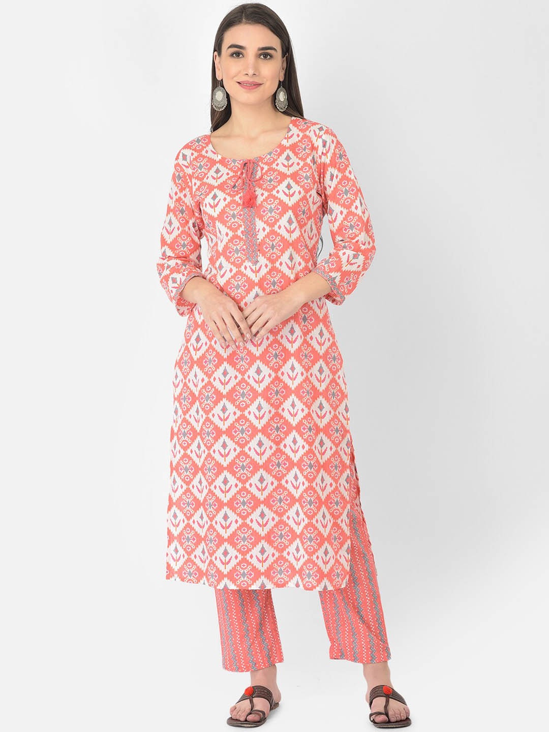 

Pistaa Women Plus Size Peach-Coloured Ethnic Motifs Pure Cotton Kurta Trouser & Dupatta