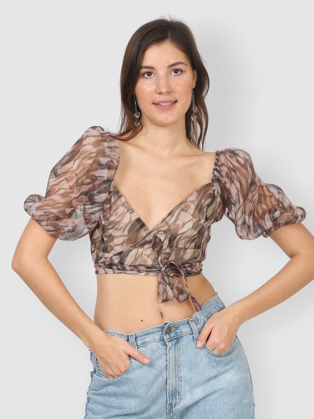 

The Label Bar Women Brown & Grey Printed Sweetheart Neck Polyester Crop Top