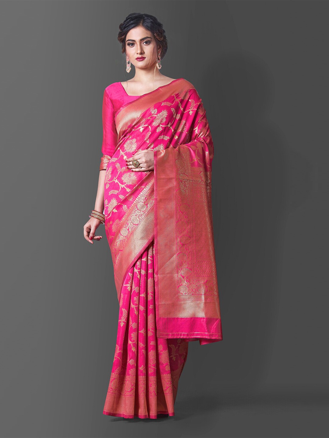 

TEREZA Floral Zari Pure Silk Kanjeevaram Saree, Pink
