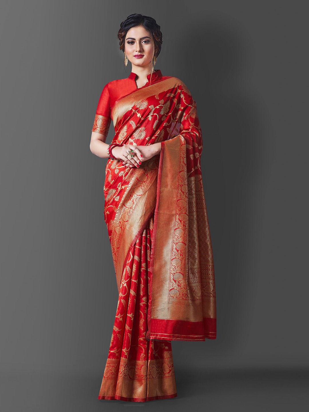 

TEREZA Floral Zari Pure Silk Kanjeevaram Saree, Red
