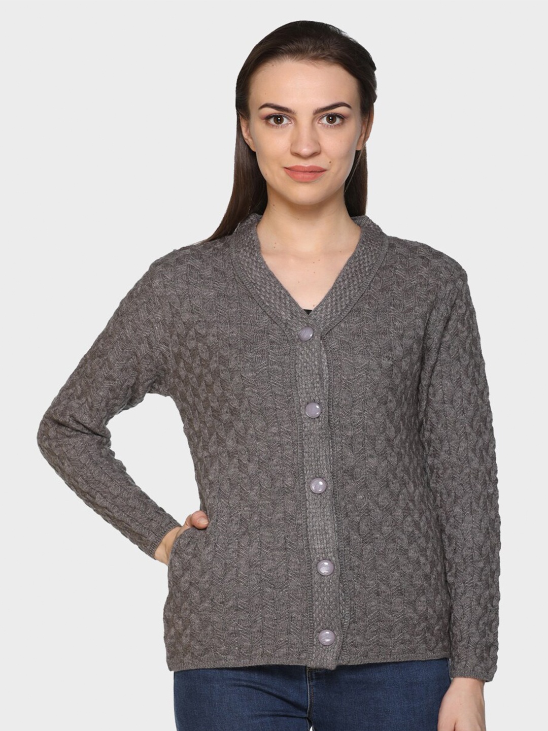 

aarbee Women Grey Woollen Cable Knit Cardigan