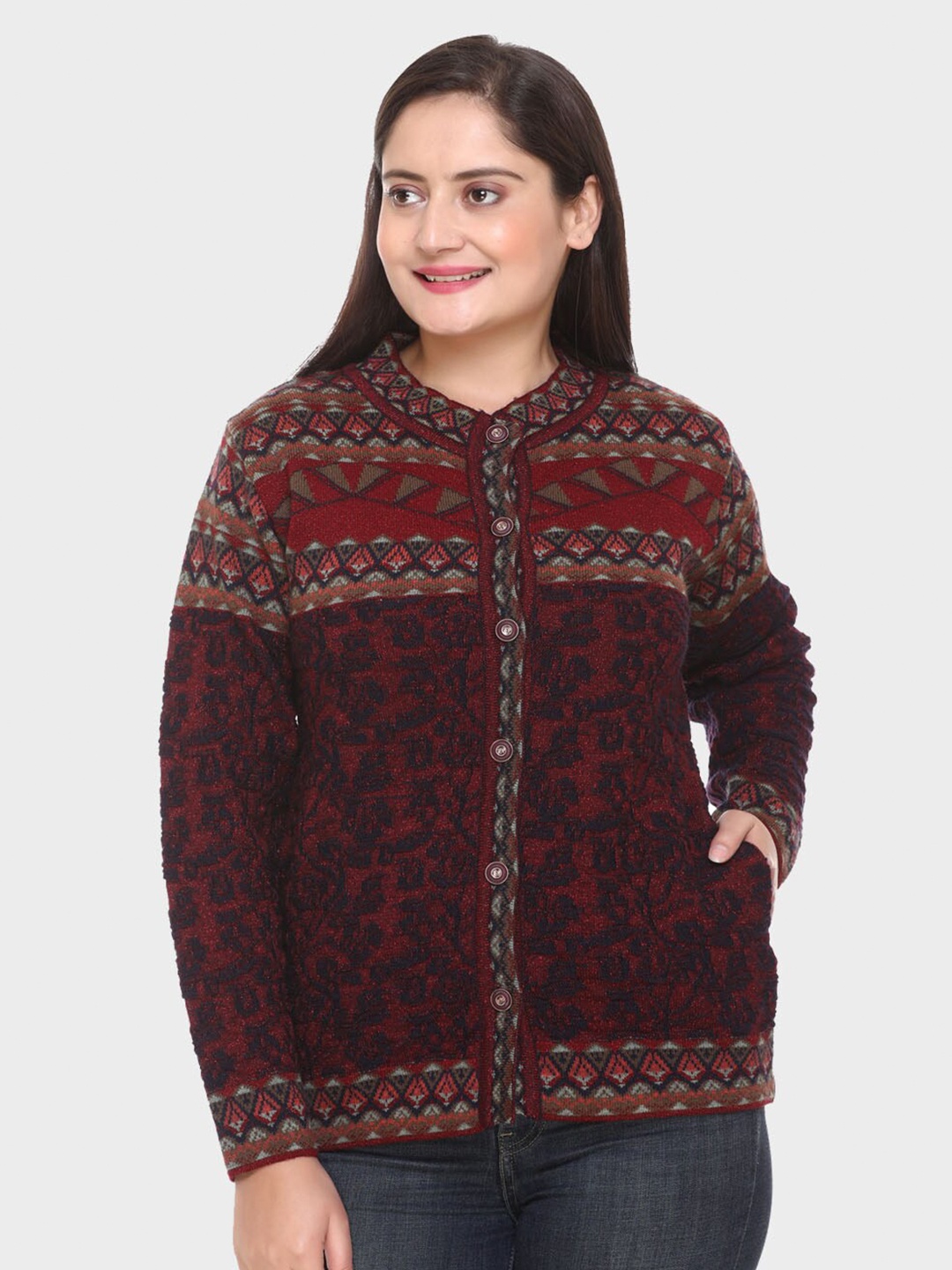

aarbee Women Maroon & Green Floral Woollen Cardigan