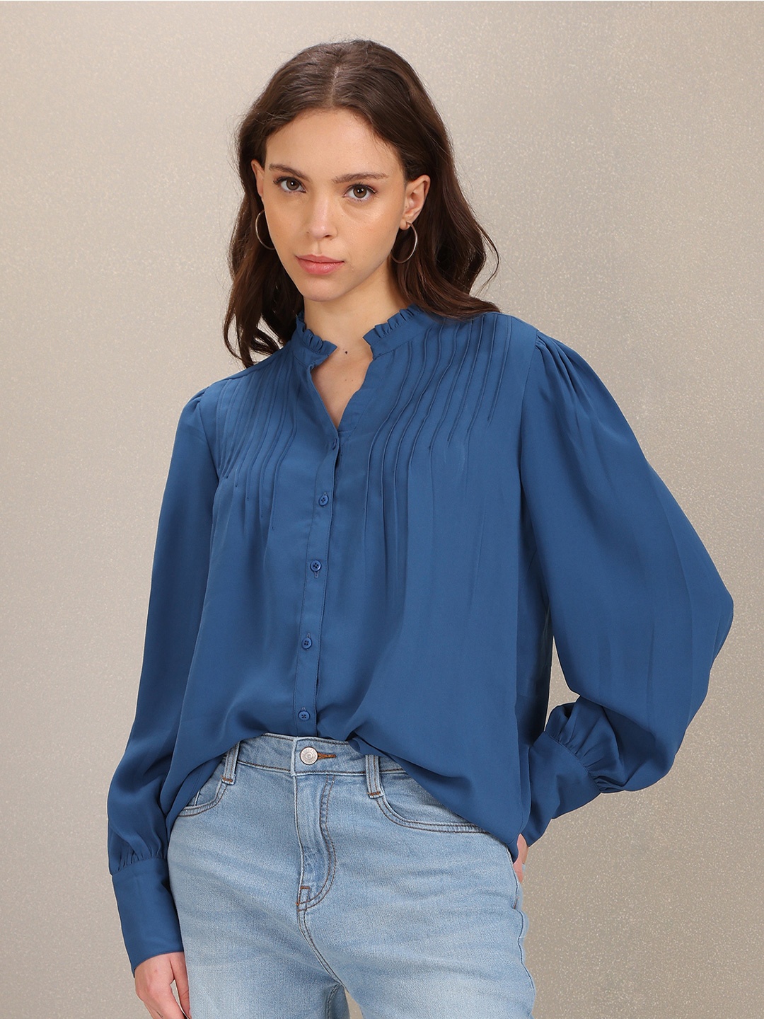 

U S Polo Assn Women Women Blue Mandarin Collar Top