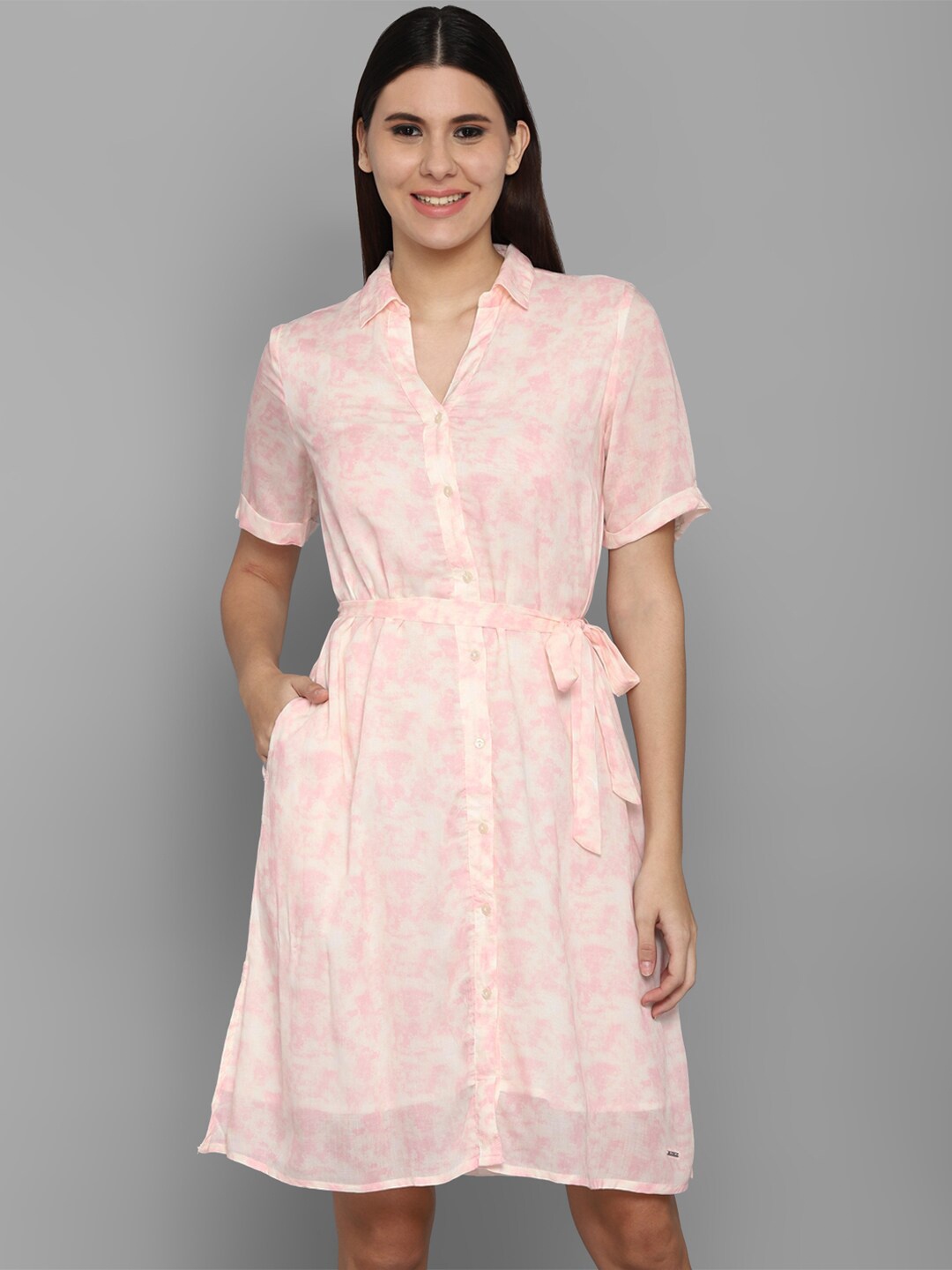 

Allen Solly Woman Peach-Coloured Floral Printed Shirt Dress
