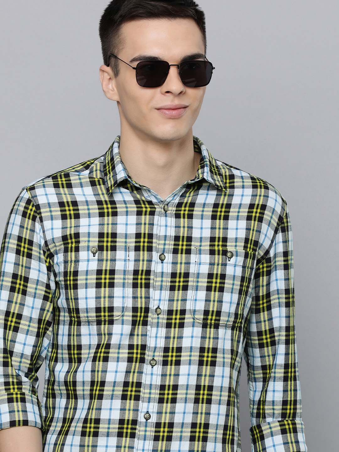 

Flying Machine Men White & Yellow Slim Fit Tartan Checked Pure Cotton Casual Shirt