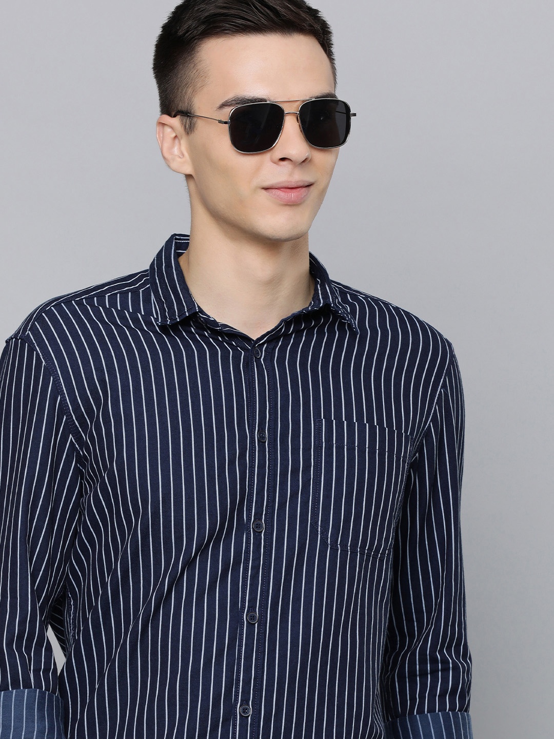 

Flying Machine Men Navy Blue Standard Slim Fit Striped Casual Shirt