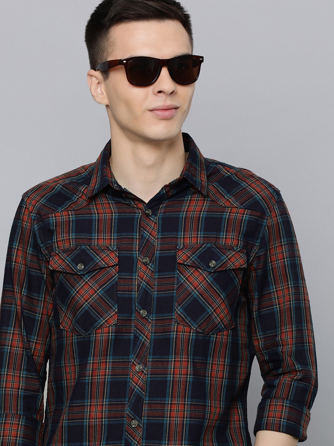 

Flying Machine Men Navy Blue & Red Slim Fit Tartan Checked Pure Cotton Casual Shirt