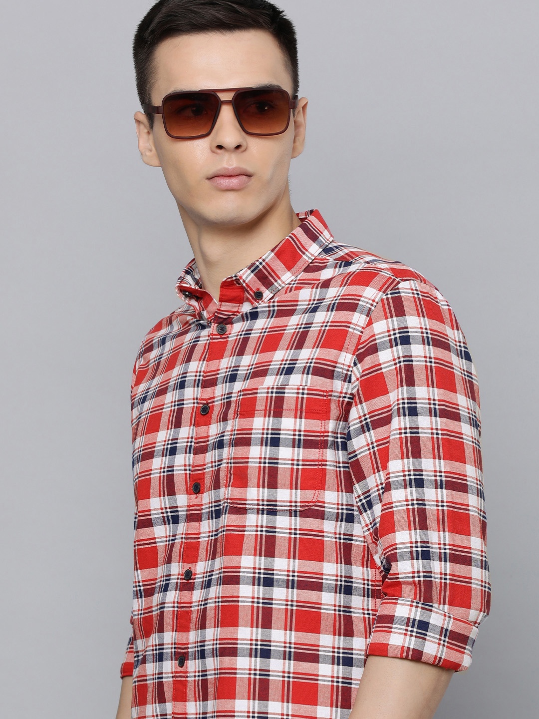 

Flying Machine Men Red & White Slim Fit Tartan Checked Pure Cotton Casual Shirt