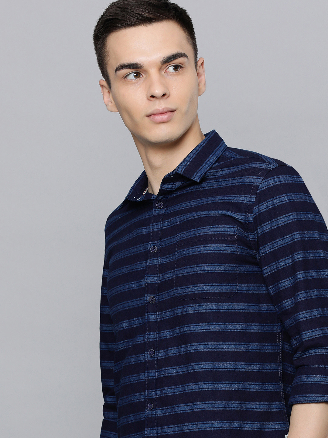 

Flying Machine Men Navy Blue Standard Slim Fit Horizontal Stripes Striped Casual Shirt
