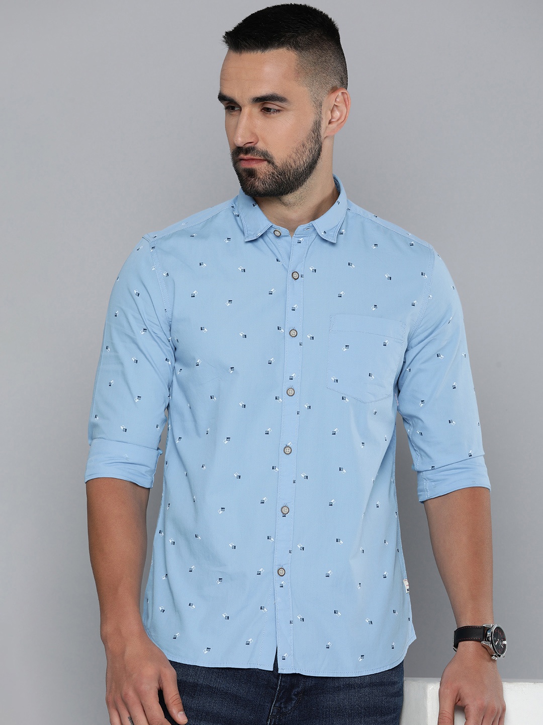 

Flying Machine Pure Cotton Standard Slim Fit Geometric Printed Casual Shirt, Blue