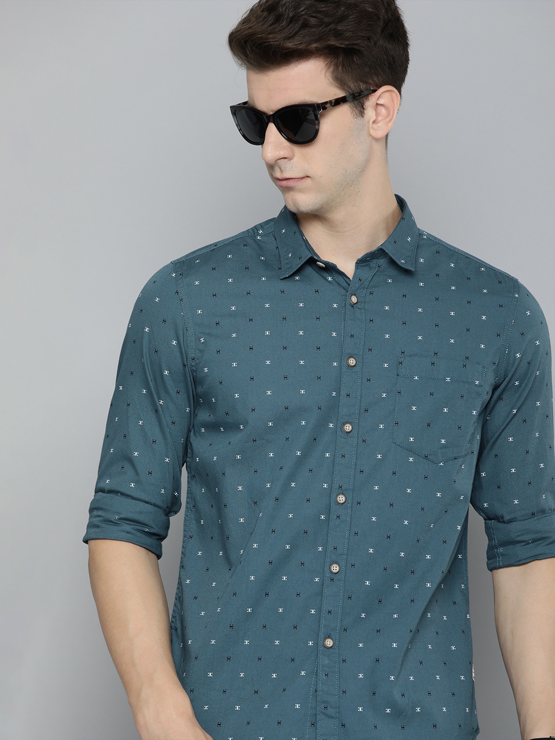 

Flying Machine Standard Slim Fit Printed Pure Cotton Casual Shirt, Teal