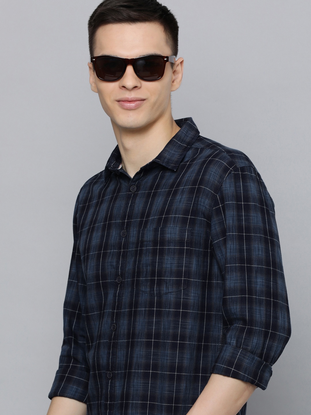 

Flying Machine Men Navy Blue Slim Fit Tartan Checked Pure Cotton Casual Shirt