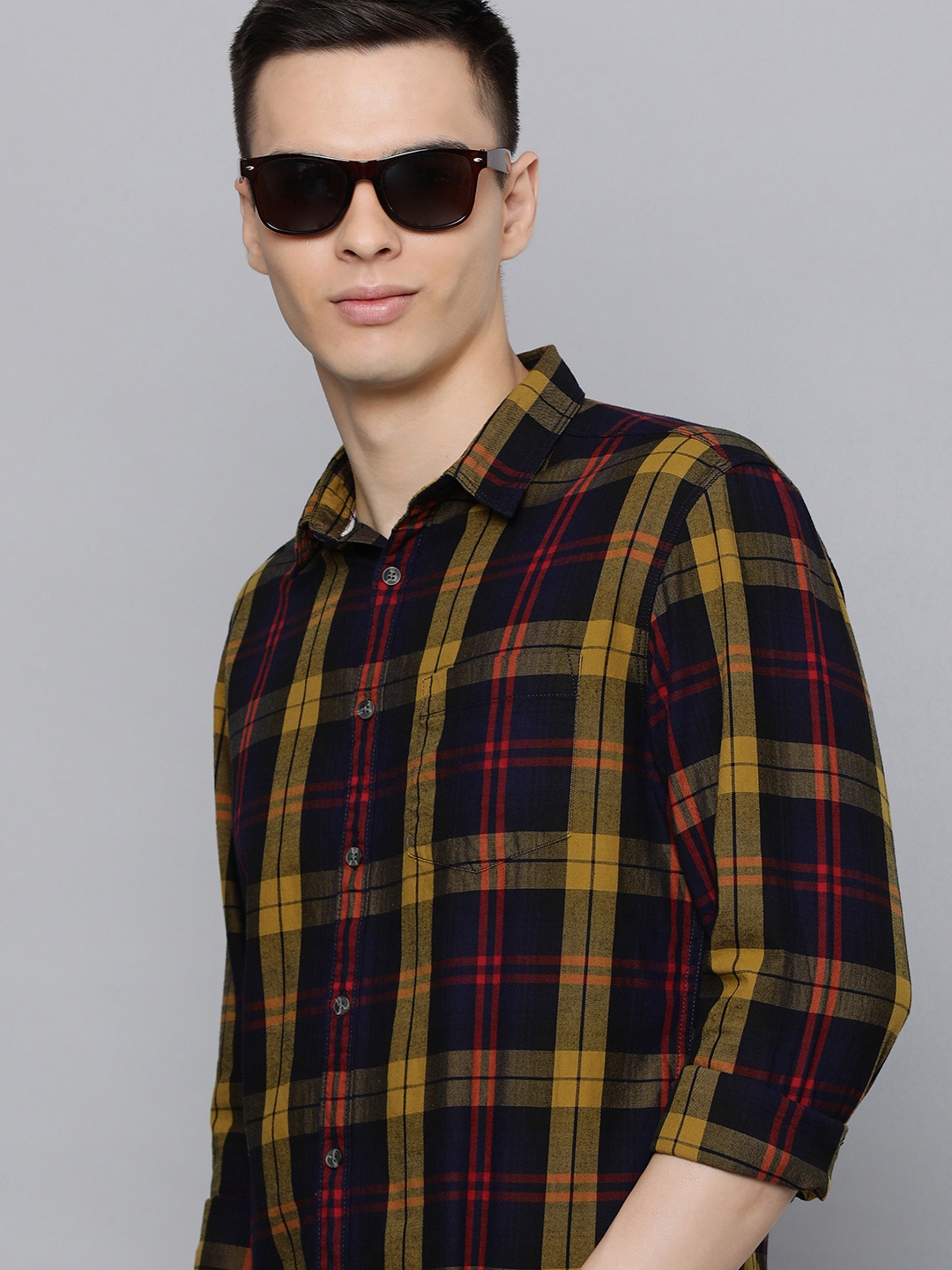 

Flying Machine Men Navy Blue & Mustard Yellow Slim Fit Tartan Checked Cotton Casual Shirt