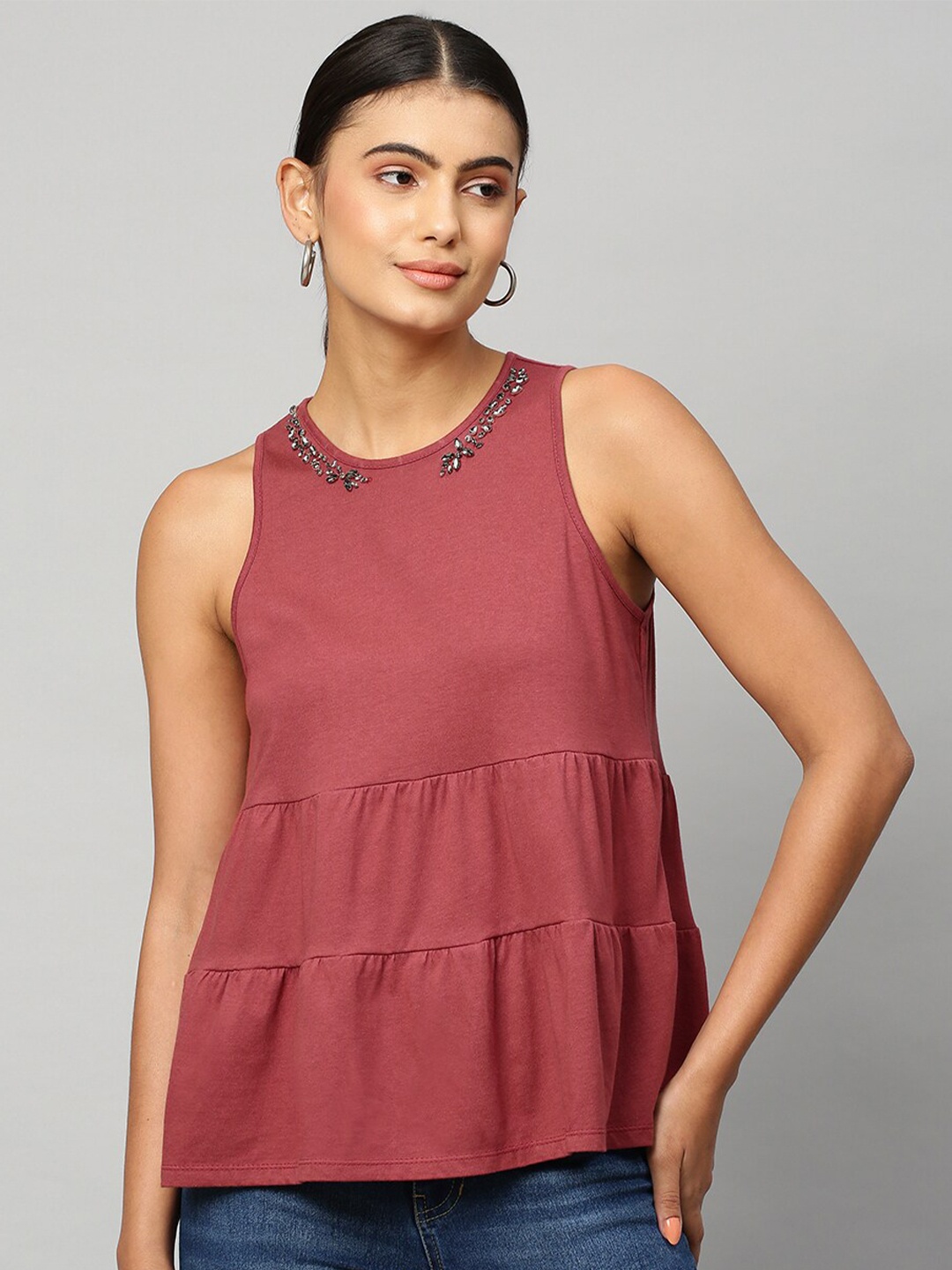

Chemistry Women Rust Round Neck Modal Embellished Sleeveless Tiered Top