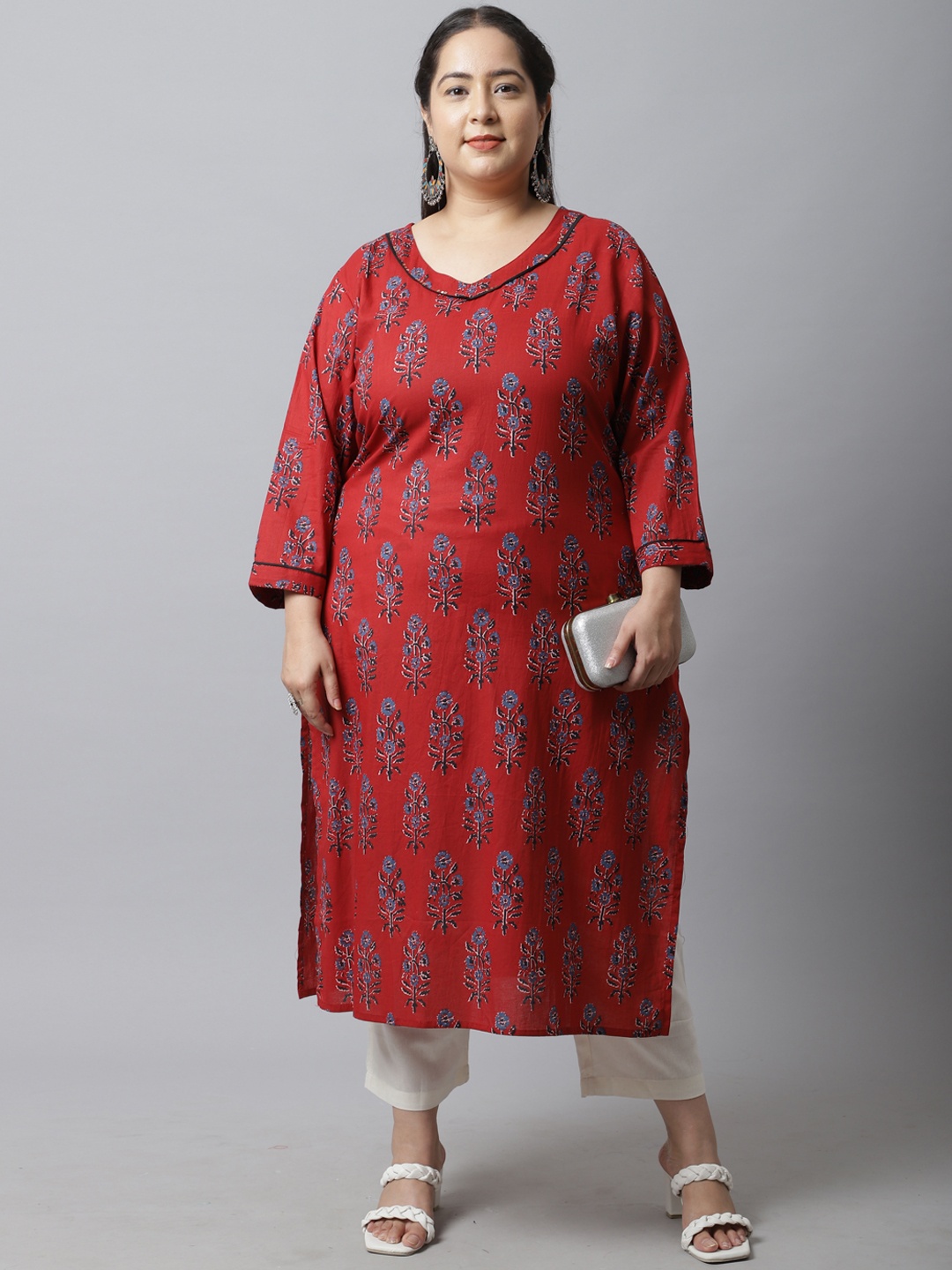 

Rajnandini Women Plus Size Maroon Ethnic Motifs Printed Kurta