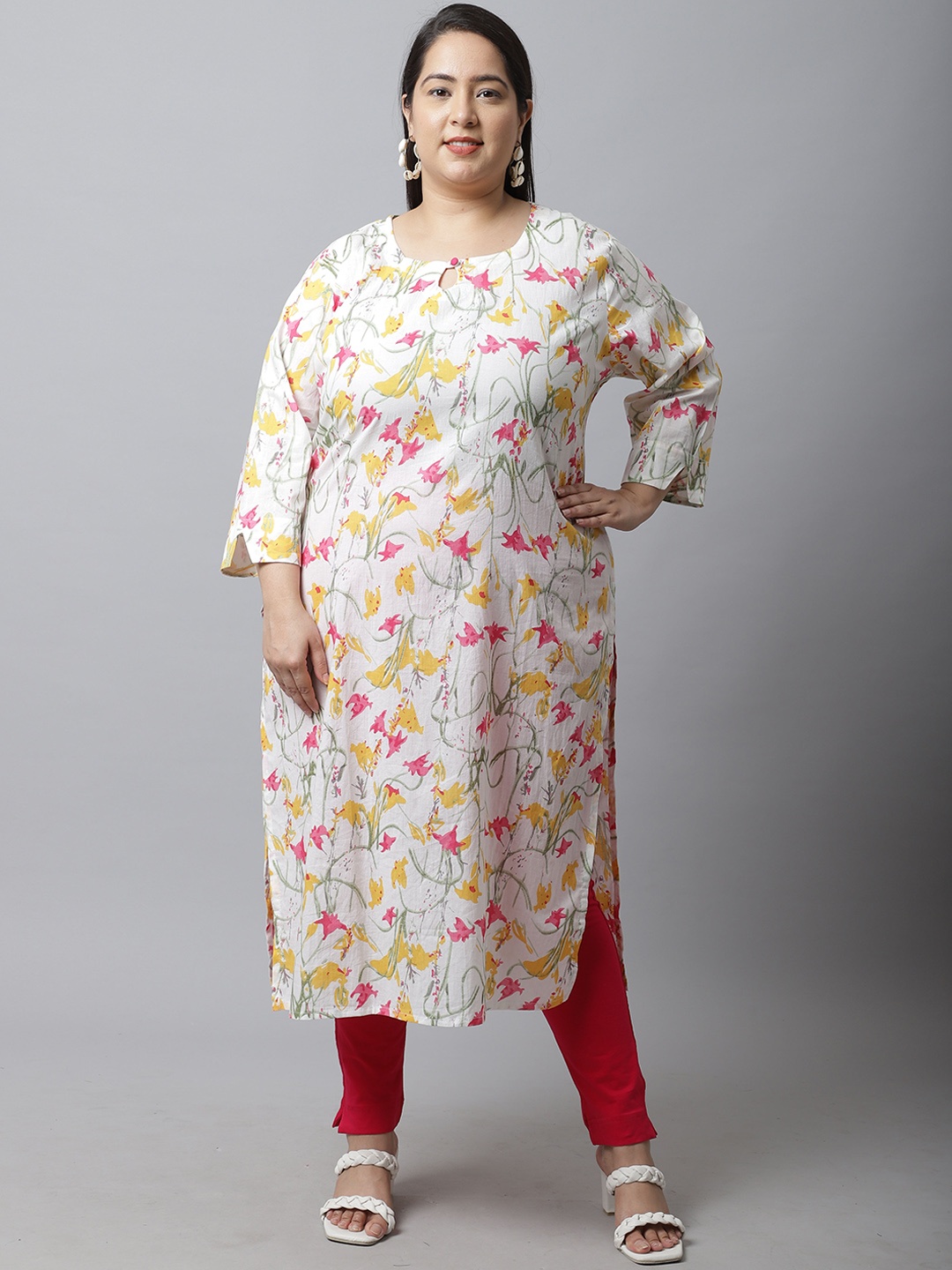 Rajnandini Women Plus Size White & Pink Floral Printed Kurta