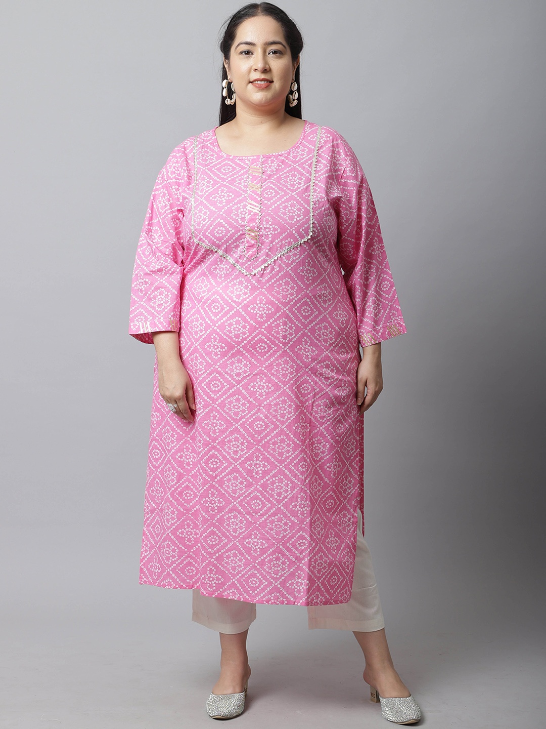 

Rajnandini Women Plus Size Pink Ethnic Motifs Embroidered Kurta