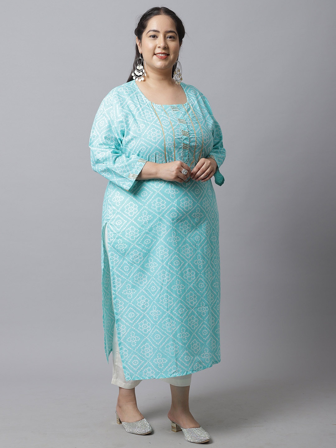 

Rajnandini Women Plus Size Turquoise Blue Bandhani Printed Kurta